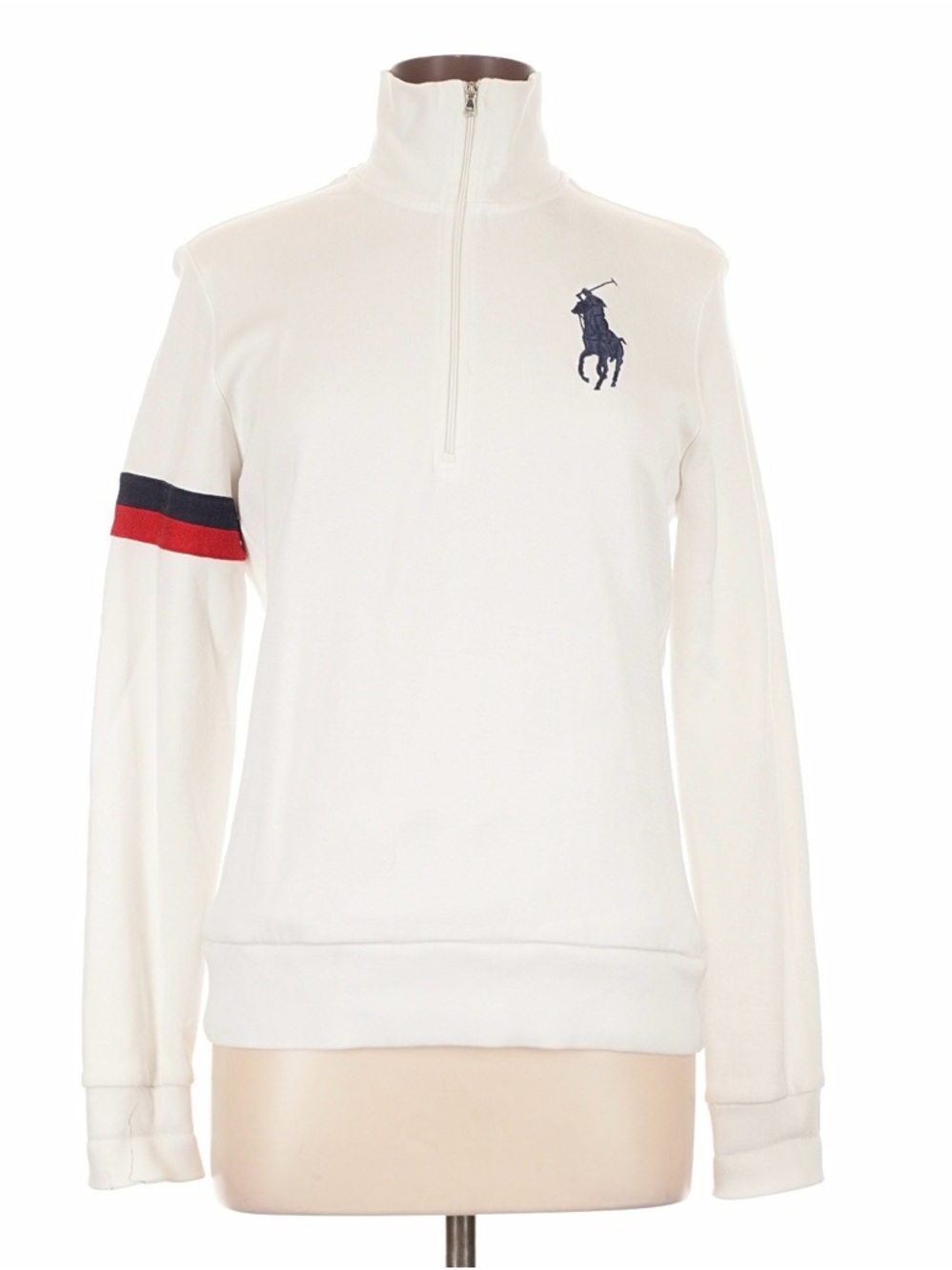 Ralph Lauren White Half-Zip Turtleneck Pullover with Navy & Red Stripe